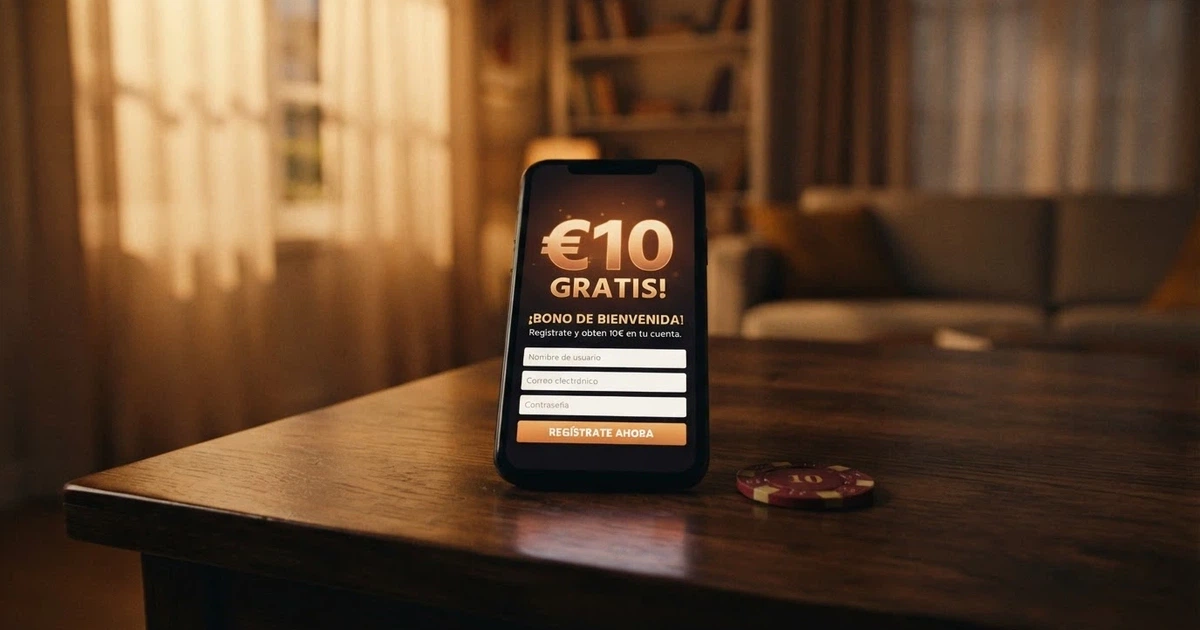 Un teléfono móvil mostrando la pantalla de registro de un casino online español con la oferta de 10 euros sin depósito destacada