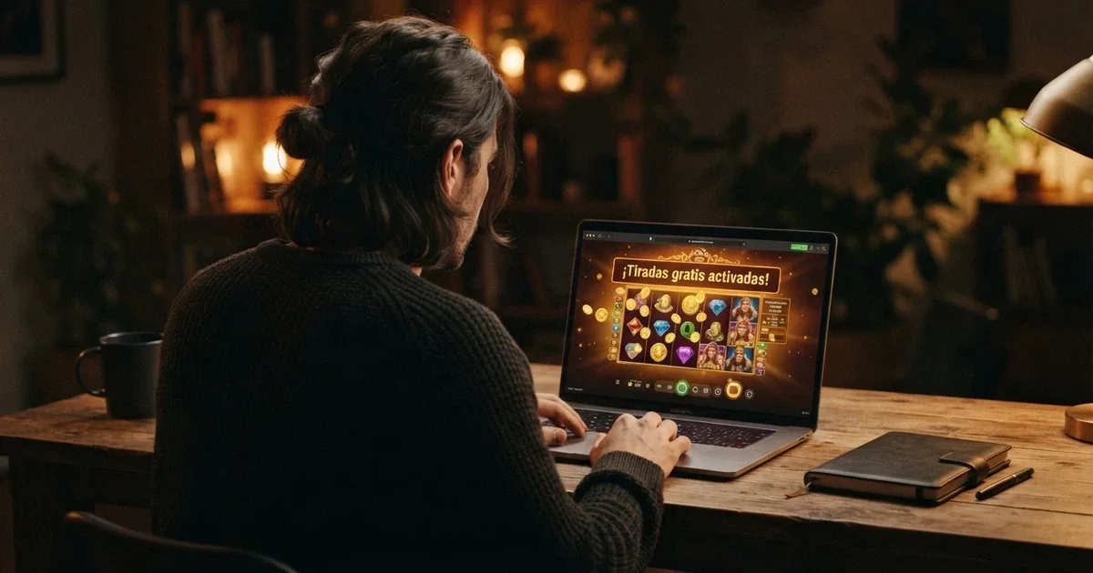 Un jugador frente a la pantalla de un casino online español, con un mensaje de «tiradas gratis activadas» visible en la interfaz, sin fichas ni monedas físicas