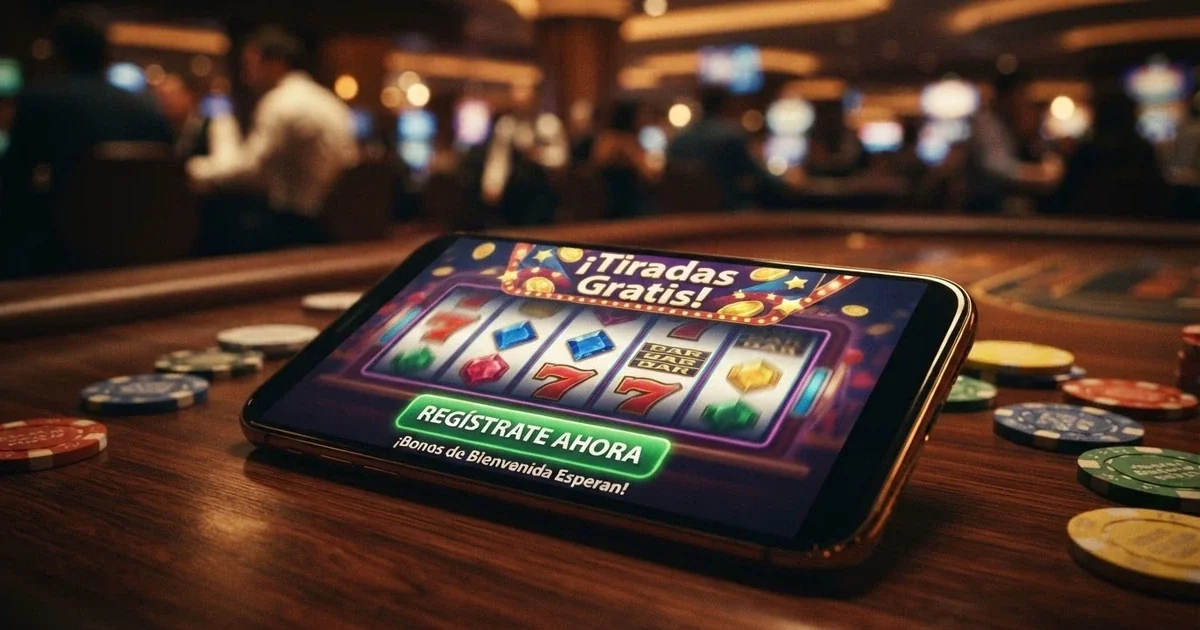Pantalla de un casino online español mostrando una oferta de tiradas gratis sin depósito con el botón de registro visible