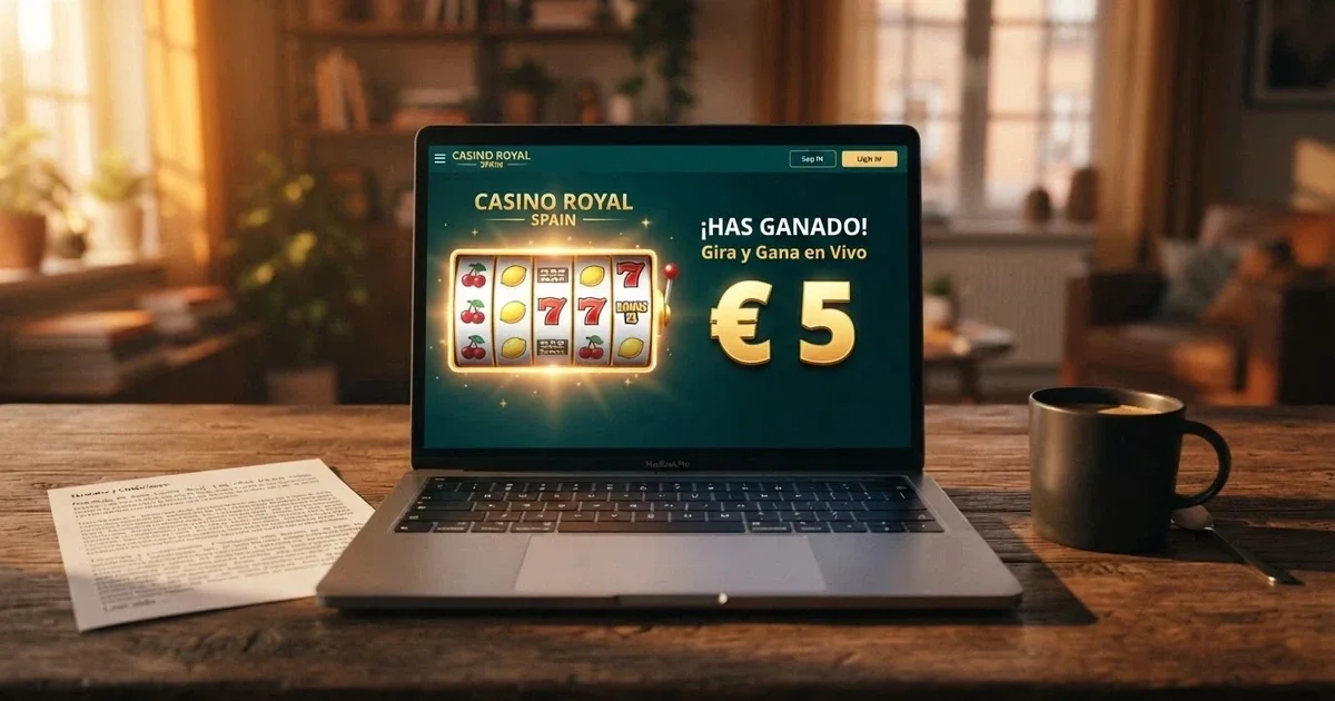 Un ordenador portátil muestra la página de promociones de un casino online español con un bono sin depósito de 5 euros destacado en pantalla