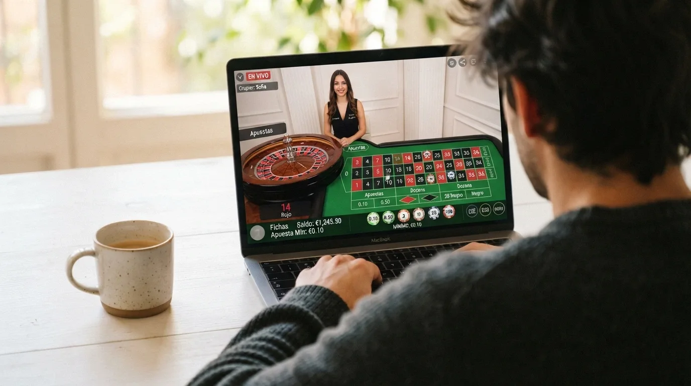 Mesa de ruleta en vivo en pantalla con el indicador de apuesta mínima de 0.10 € visible junto a las fichas