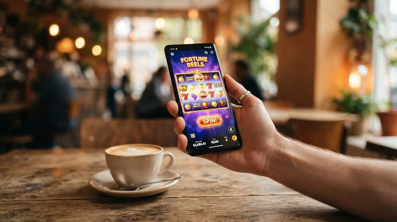 Un teléfono móvil mostrando la interfaz de CasinoBarcelona.es adaptada a pantalla táctil con una slot en ejecución