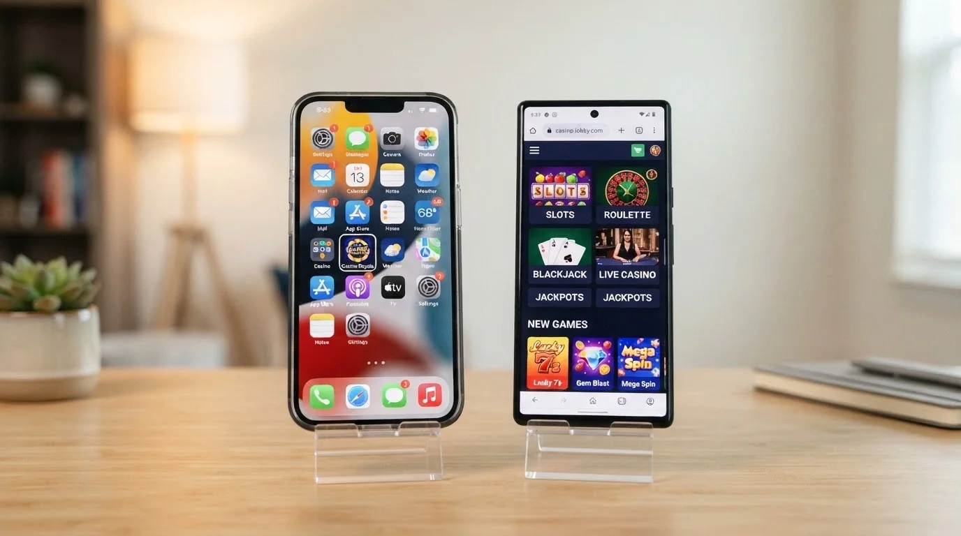 Dos teléfonos uno junto al otro: el izquierdo muestra el icono de una app de casino descargada en la pantalla de inicio, el derecho enseña el mismo casino abierto en el navegador móvil