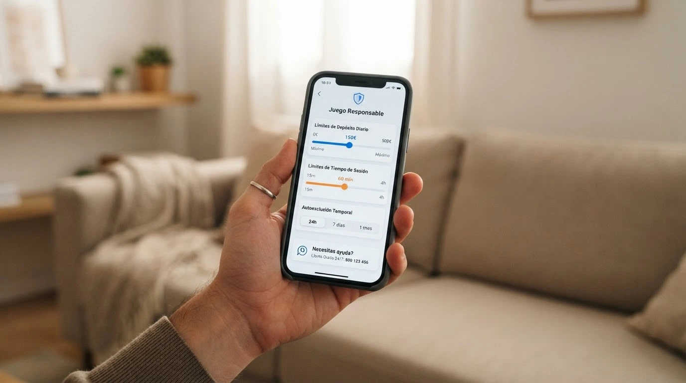 Pantalla de móvil con interfaz de herramientas de juego responsable: límites, autotest y teléfono de ayuda