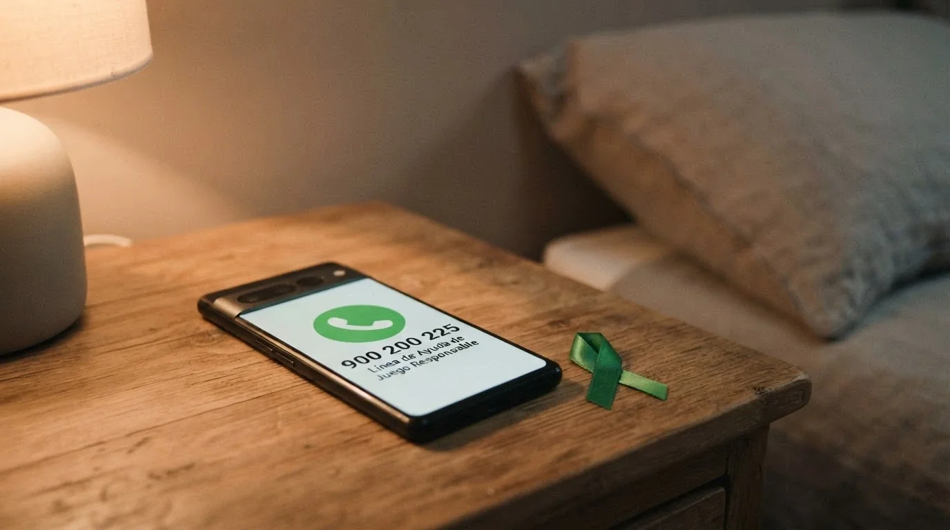 Teléfono móvil con el número 900 200 225 en pantalla y el logotipo de FEJAR junto a un lazo verde, símbolo del juego responsable