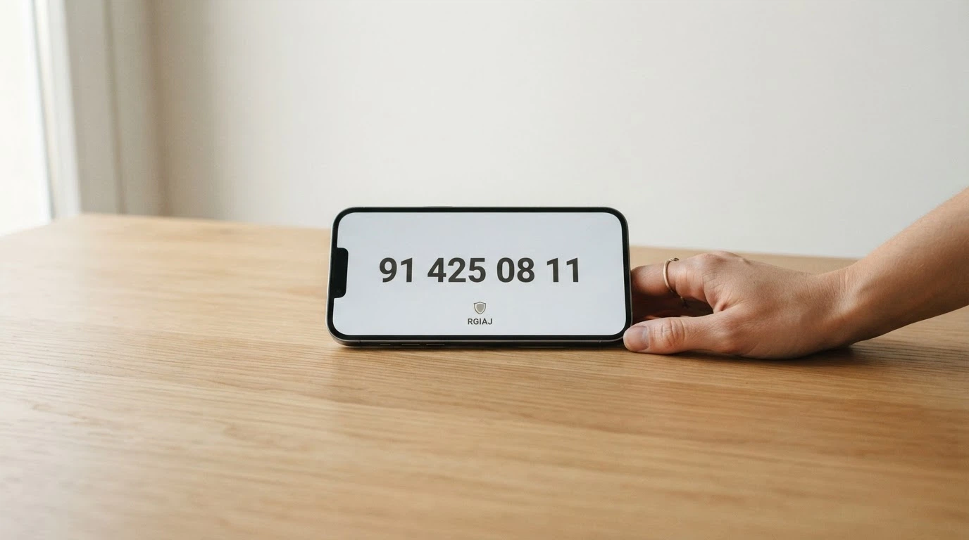 Un teléfono móvil mostrando en pantalla el número 91 425 08 11 junto al logo del RGIAJ y la sede electrónica de la DGOJ