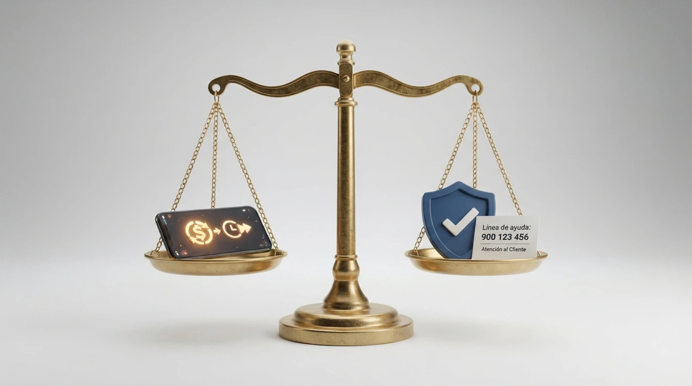 Una balanza de platillos: en el izquierdo, un monedero USDC y un reloj marcando velocidad; en el derecho, el escudo de la DGOJ y un teléfono con el número de atención al jugador