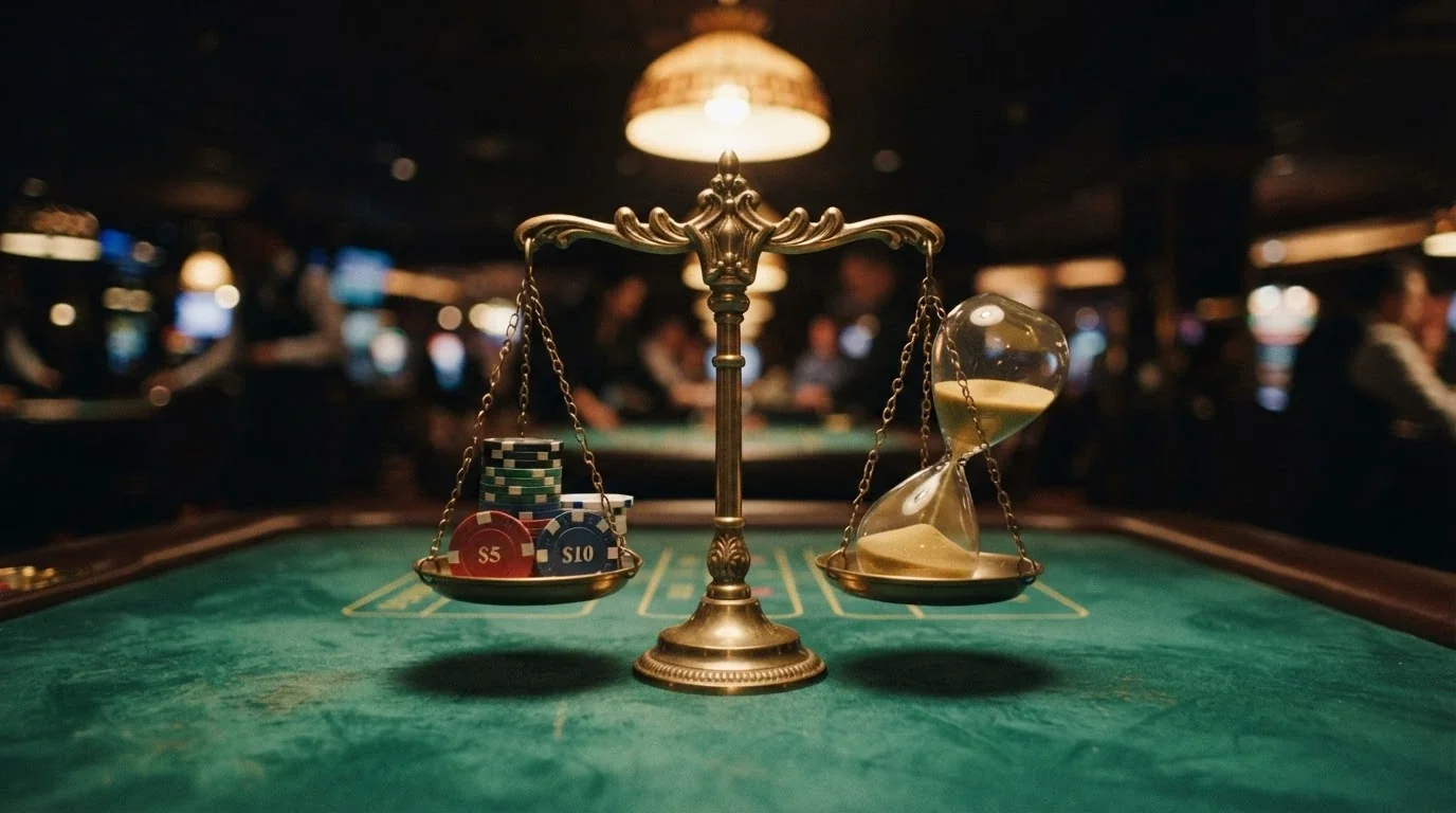 Una balanza de platillos con fichas de casino en un lado y un reloj de arena en el otro, sobre una mesa de juego verde
