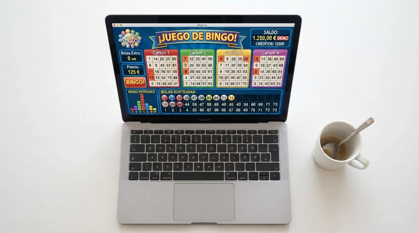 Interfaz de un video bingo en modo demo con el indicador de saldo ficticio visible en la esquina superior