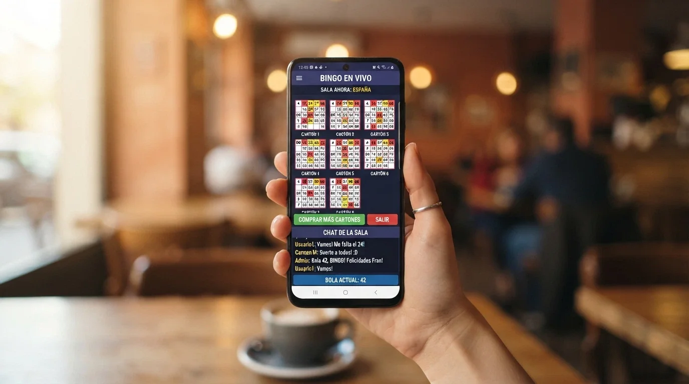 Un teléfono móvil mostrando una sala de bingo online con cartones activos y el chat de la sala visible