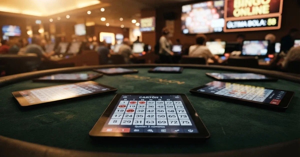 Cartones de bingo digitales en primer plano sobre el fondo de una sala de bingo online con interfaz de casino español