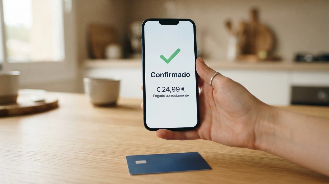 Mano sujetando un teléfono con la pantalla de confirmación de un pago instantáneo por Bizum a un casino, junto a una tarjeta de débito sobre la mesa