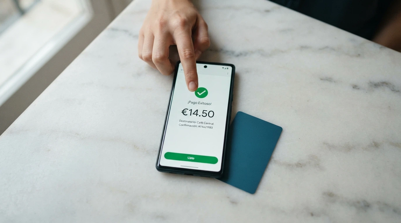 Móvil mostrando la app de Bizum junto a tarjetas y otros métodos de pago para casino online