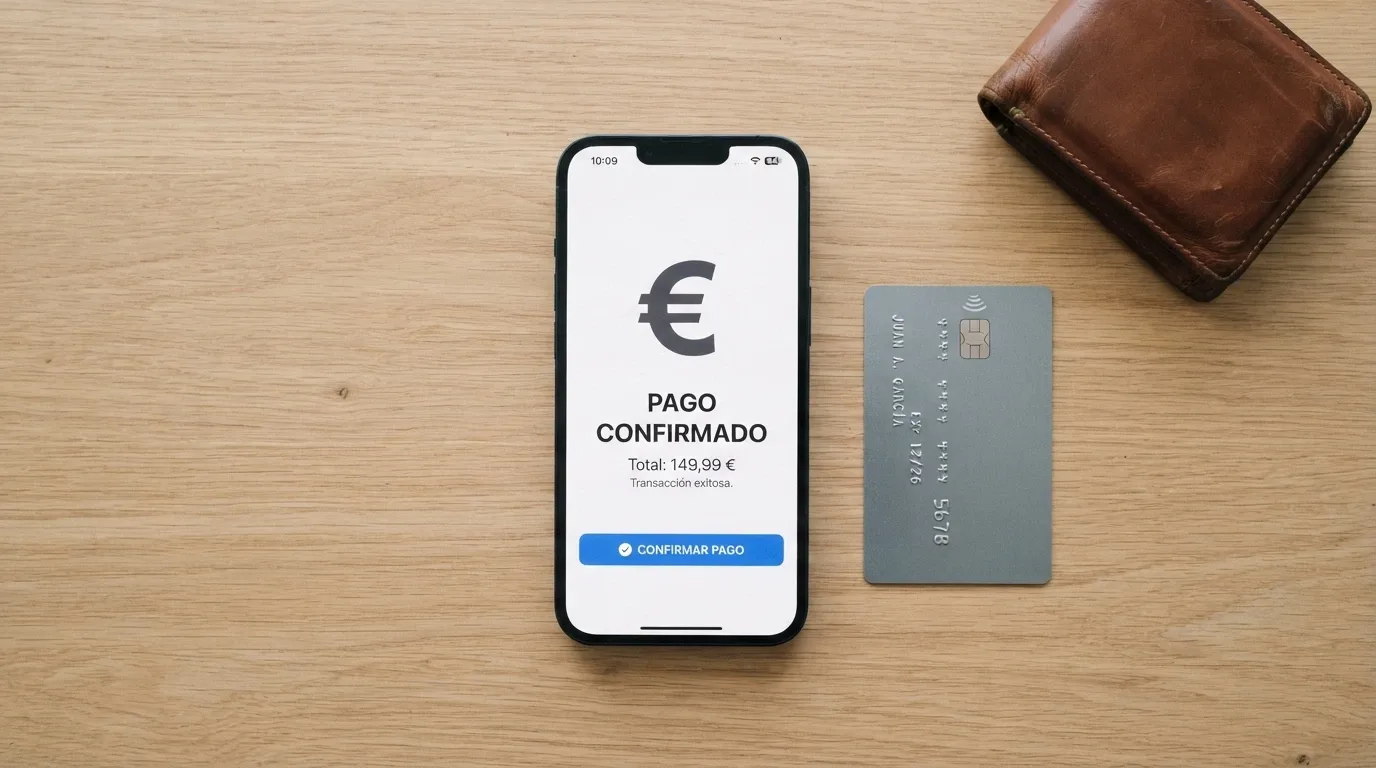 Un teléfono mostrando la app de Bizum junto a una tarjeta bancaria y un monedero electrónico en una mesa