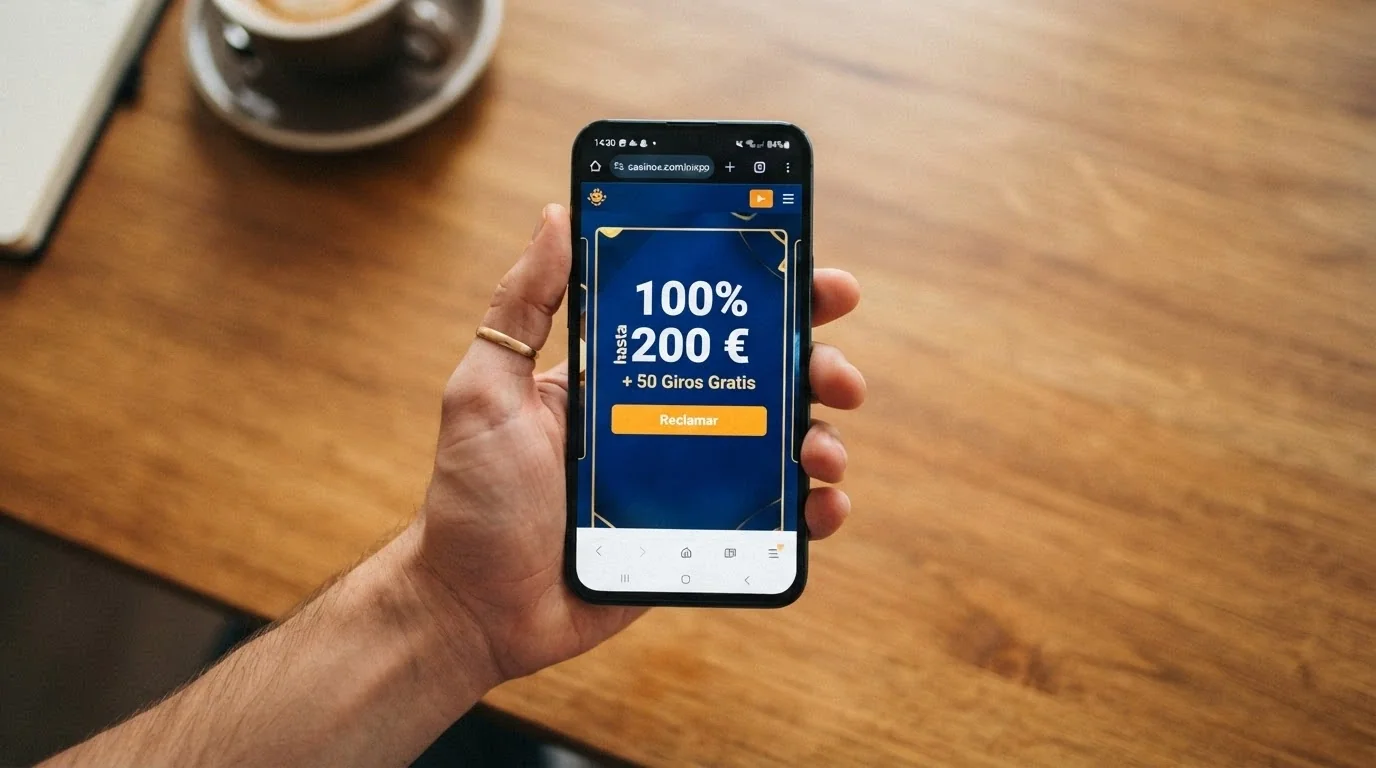 Mano sujetando un móvil con la pantalla de bienvenida de un casino español que anuncia su bono del 100% hasta 200 €