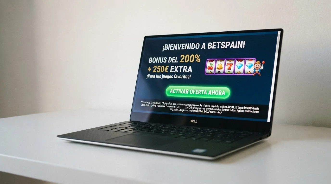 Pantalla promocional de un bono de bienvenida con el importe del bono y las condiciones en letra pequeña