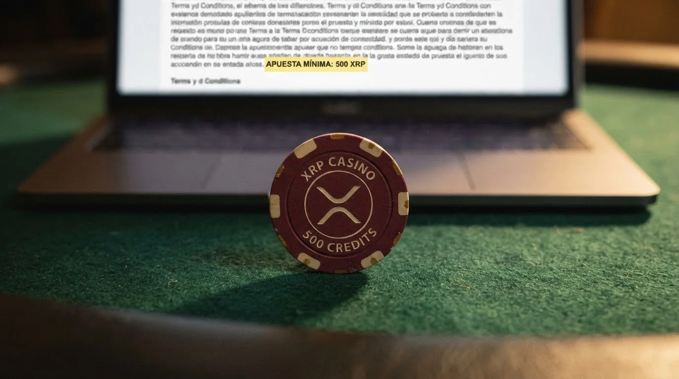 Primer plano de una ficha de casino con el símbolo de XRP grabado, sobre un fondo de pantalla que muestra términos y condiciones de bono con el wagering resaltado