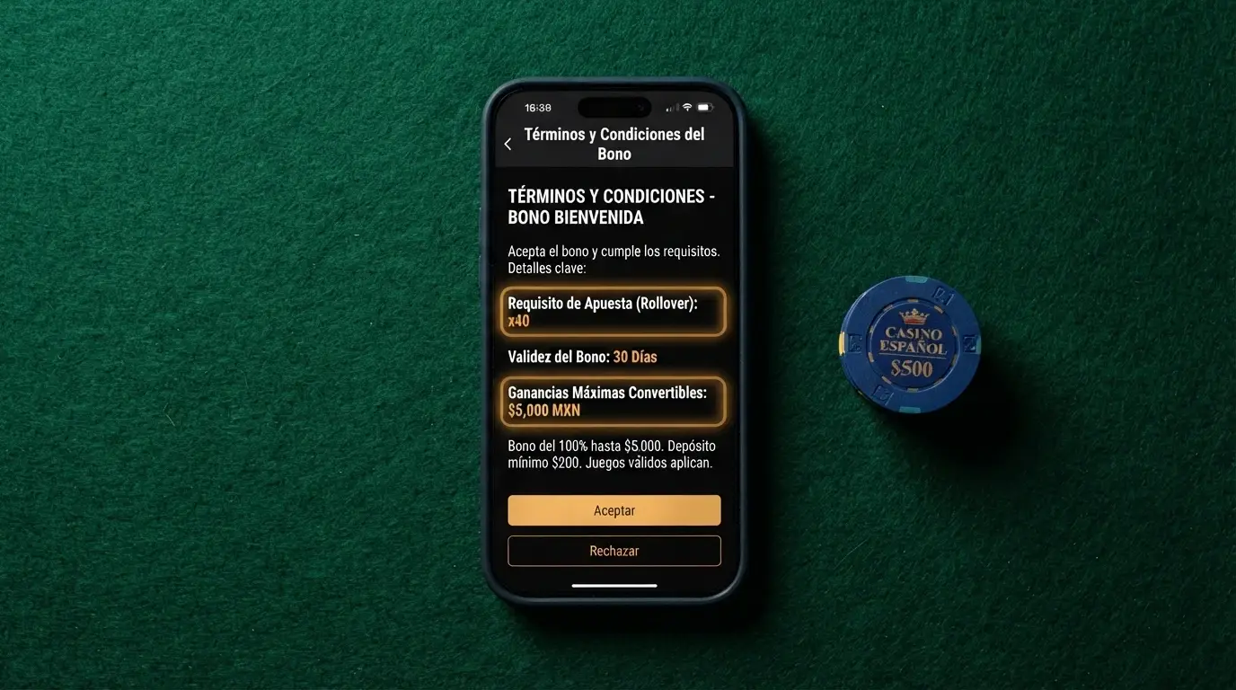 Primer plano de los términos y condiciones de un bono de casino online en español con los campos de rollover, caducidad y ganancia máxima resaltados