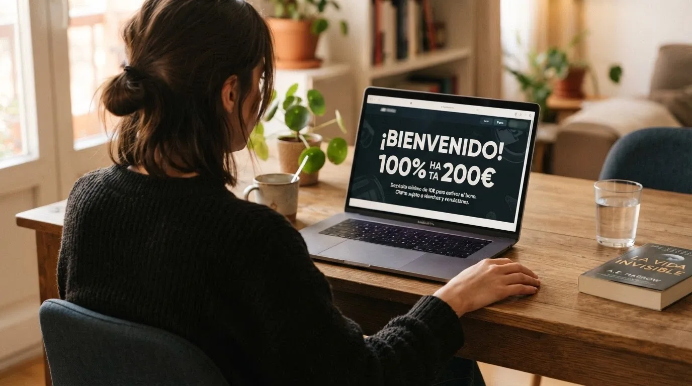 Pantalla promocional de un bono de bienvenida de casino online con las condiciones de depósito mínimo visibles en la letra pequeña
