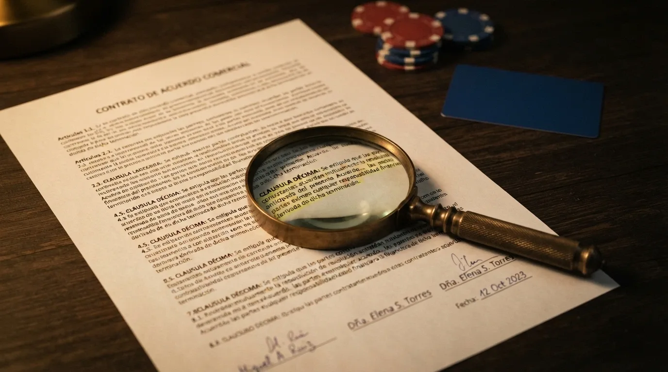 Un primer plano de un contrato con una lupa sobre la cláusula de requisito de apuesta, con fichas de casino y un monedero de USDC ligeramente desenfocados al fondo