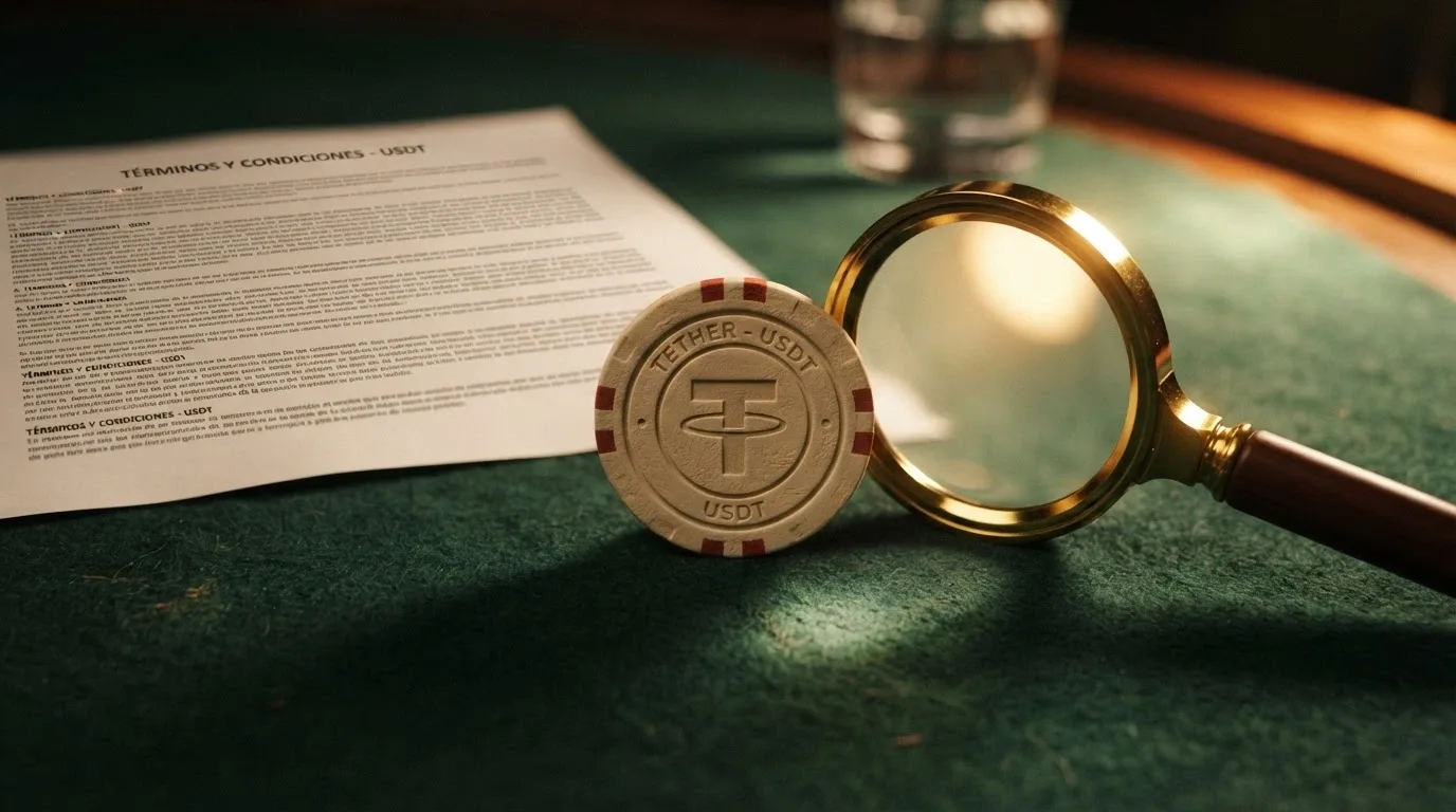 Un primer plano de una ficha de casino con el símbolo USDT grabado, parcialmente cubierta por texto legal en letra pequeña