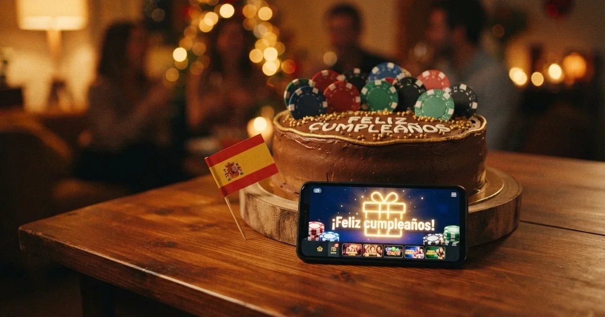 Pastel de cumpleaños con fichas de casino y la bandera de España junto a un móvil mostrando la pantalla de un casino online regulado con el distintivo .es