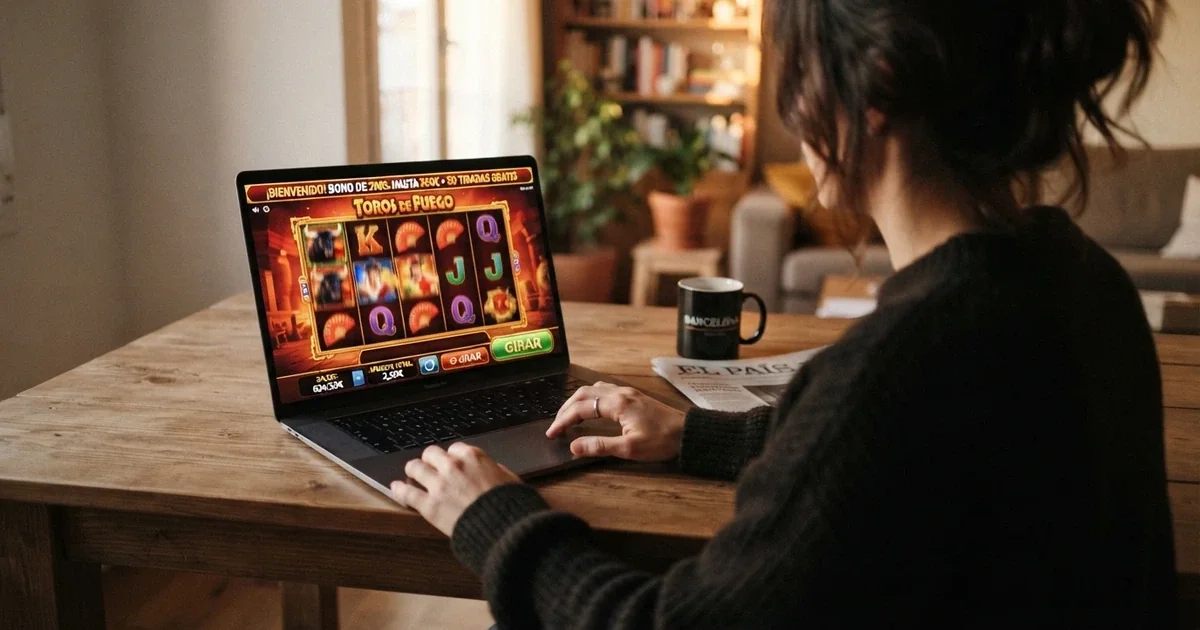 Pantalla de un casino online español con una oferta de bono de bienvenida destacada y la letra pequeña de los términos del rollover apenas visible debajo