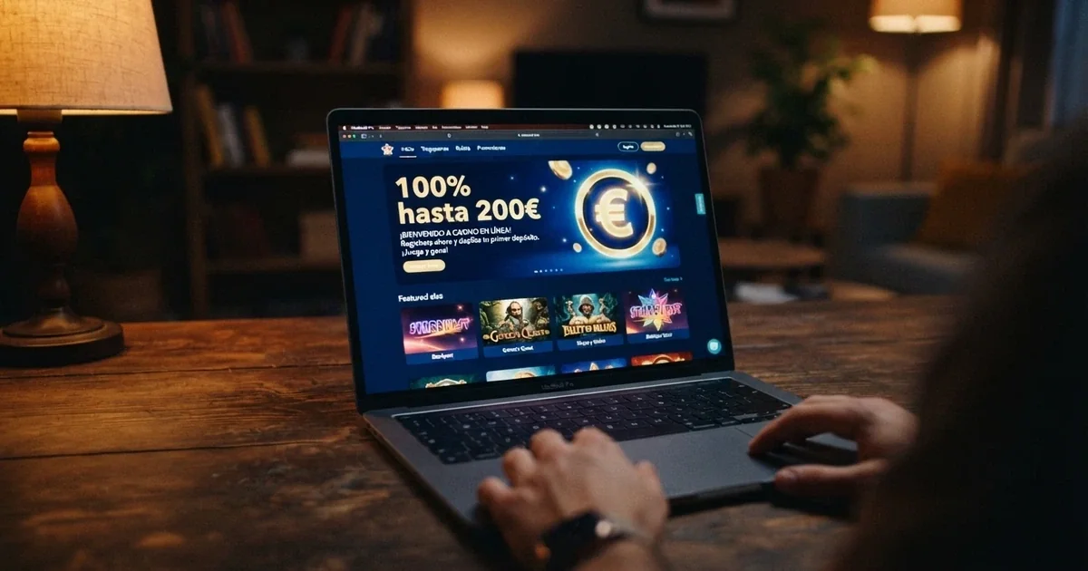Pantalla de bienvenida de un casino online español con la oferta «100% hasta 200€» destacada en el centro