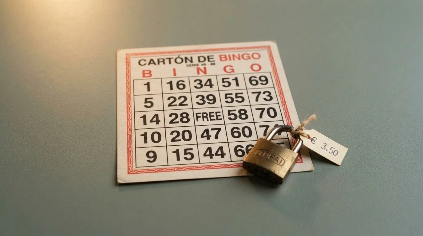 Un cartón de bingo gratuito con un candado y la etiqueta de ganancia máxima visible en la esquina