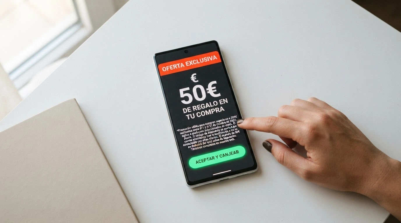 Captura de una oferta de bono sin depósito en un casino online español donde se muestran el importe del bono y la letra pequeña del rollover