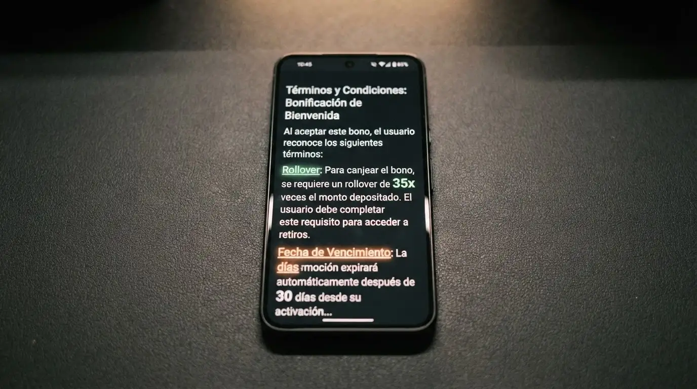 Primer plano de un móvil mostrando la pantalla de términos de un bono de casino, con las cifras de rollover y caducidad subrayadas