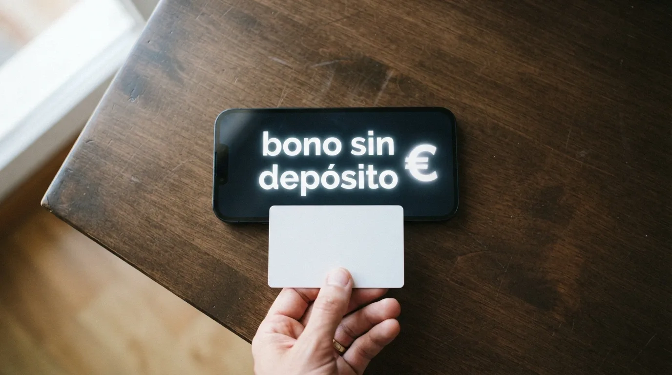 Una mano sujetando una tarjeta de registro de casino frente a una pantalla con el texto «bono sin depósito» en español