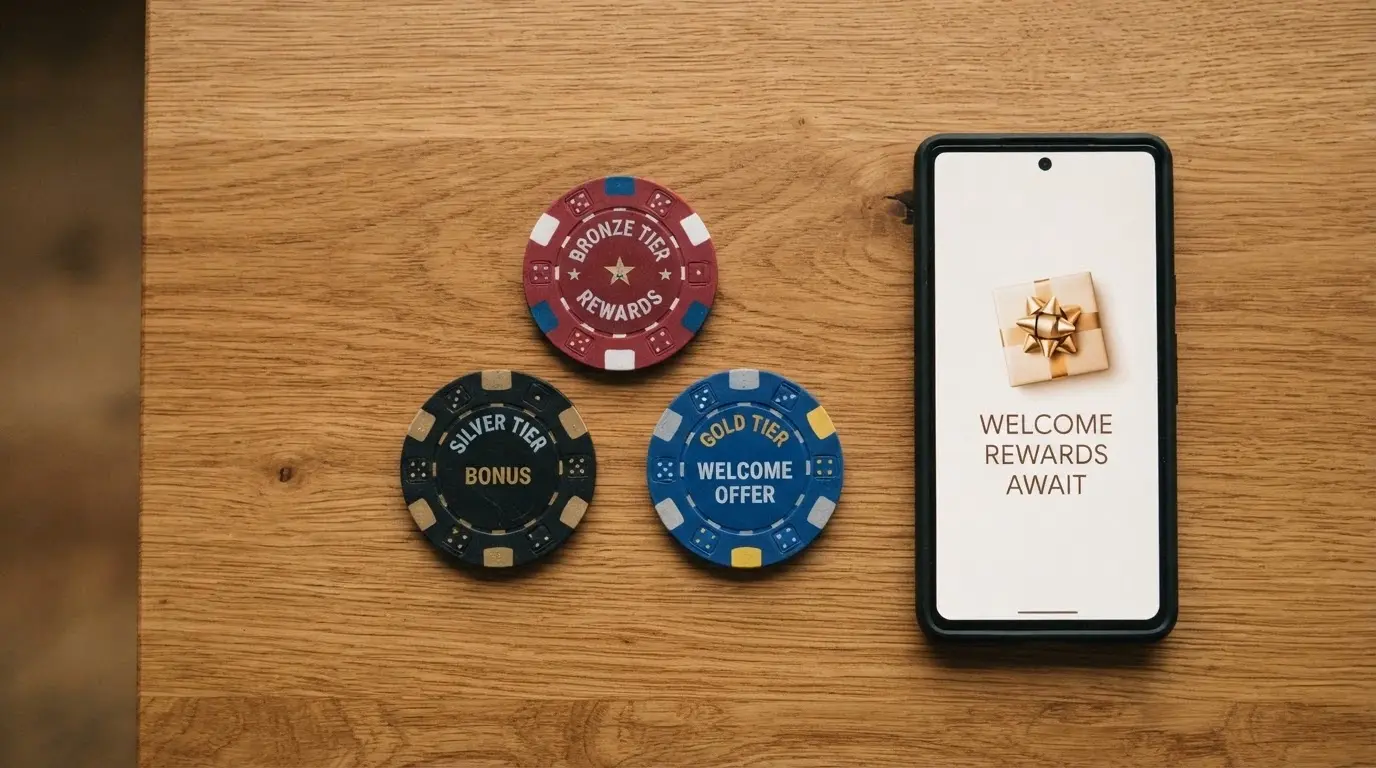 Mosaico visual con fichas de bono de bienvenida y el logo de Apple Pay superpuesto