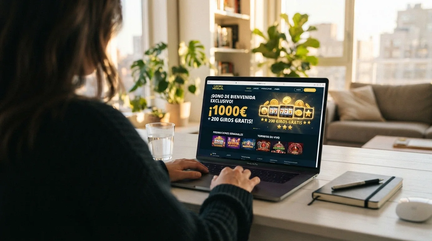 Pantalla promocional de un casino cripto mostrando un bono de bienvenida con porcentaje alto y giros gratis para nuevos jugadores.