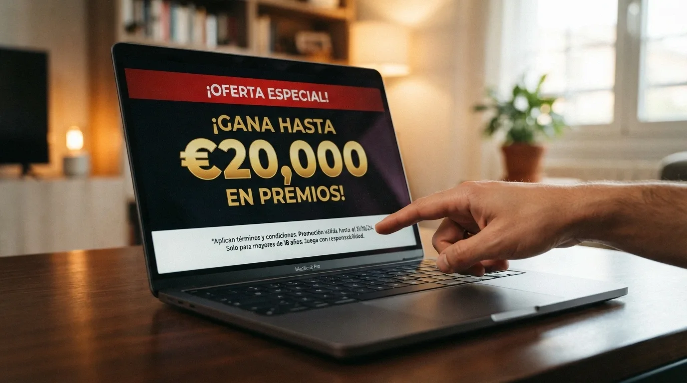 Pantalla promocional de un bono de bienvenida en un casino crypto con el importe destacado en grande y la letra pequeña del requisito de apuesta visible debajo