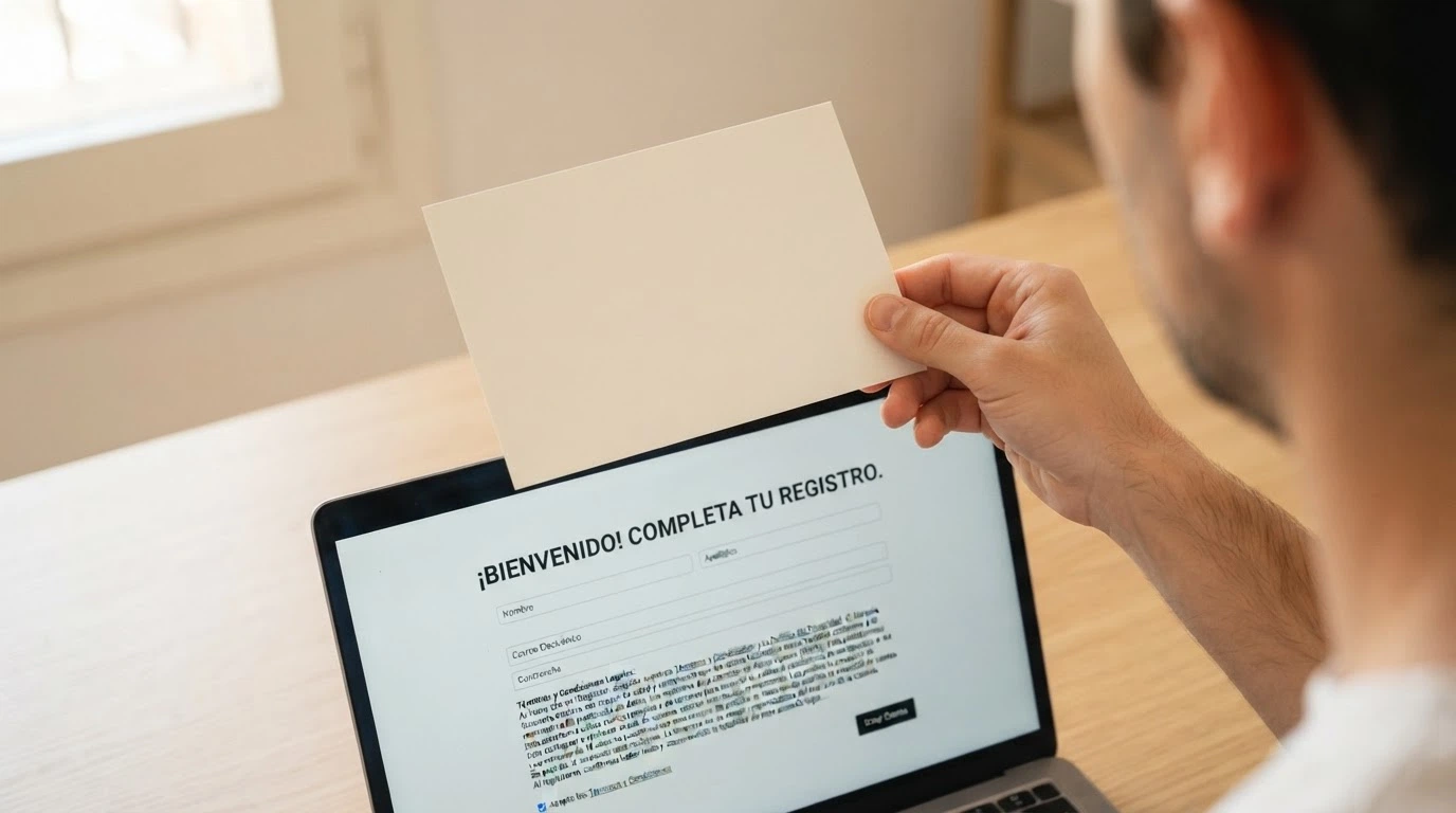Una mano sosteniendo una tarjeta de bienvenida frente a la pantalla de registro de un casino online español, con las condiciones del bono en letra pequeña visibles
