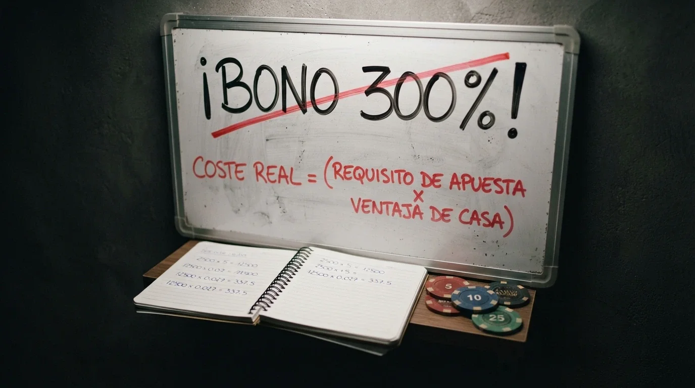 Un primer plano de una pizarra de casino donde el texto «200% BONO» aparece tachado y reescrito debajo como «coste real: 40x apuesta × ventaja de la casa», con una calculadora y fichas al lado.