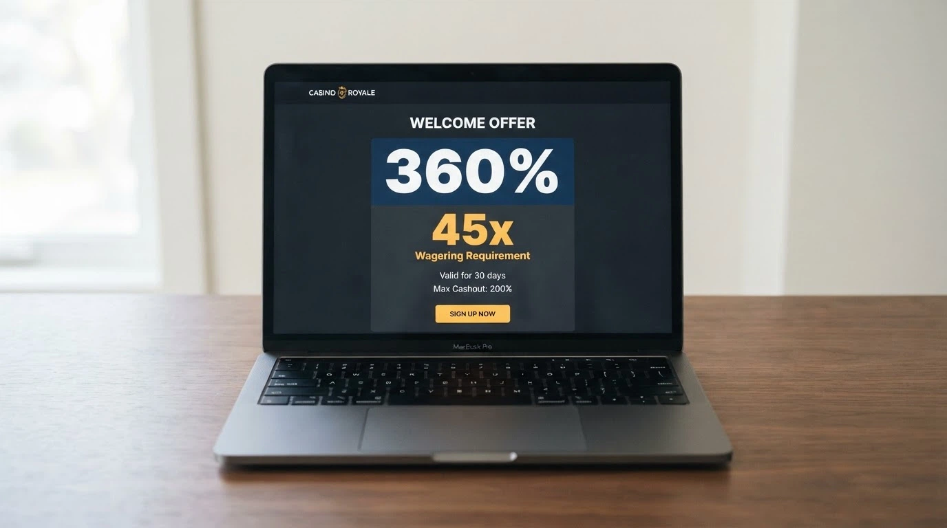 Primer plano de una pantalla con distintas ofertas de bono de bienvenida en casinos online, con el requisito de apuesta destacado