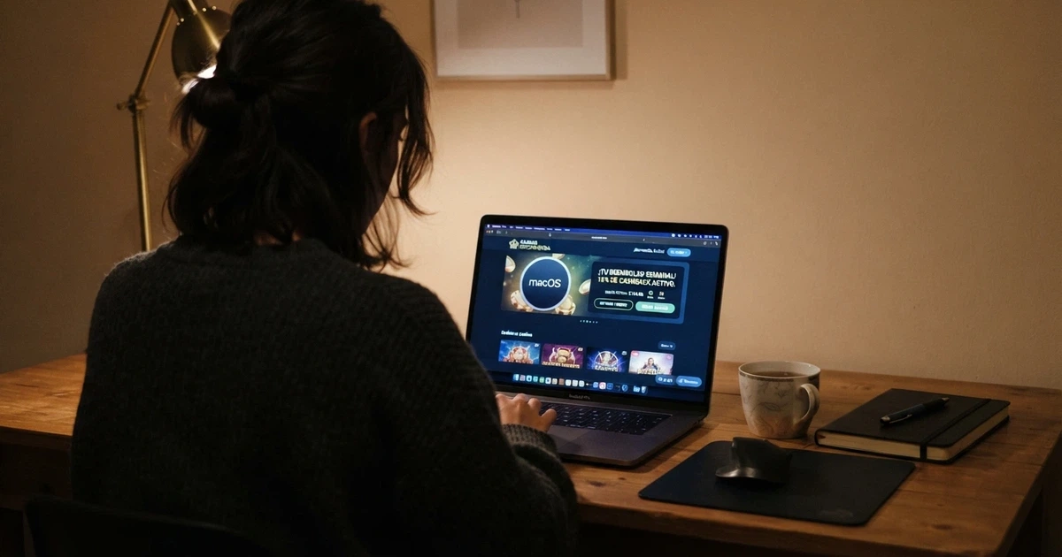 Jugador consultando las condiciones de un bono de reembolso en la pantalla de un casino online español, con el porcentaje de cashback visible en la interfaz