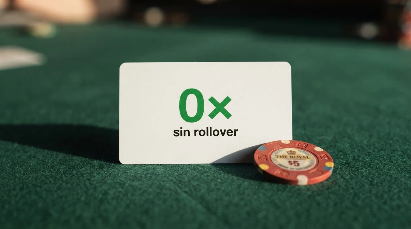 Una ficha de bono donde el apartado «requisito de apuesta» muestra un 0x destacado en verde, con el texto «sin rollover» en primer plano