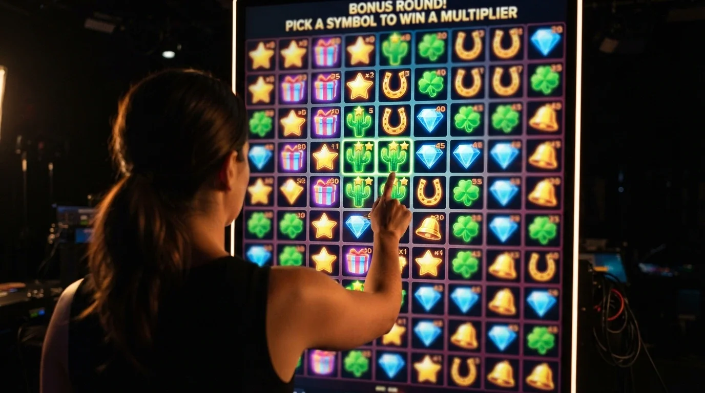 Captura del juego Cash Hunt mostrando la galería de tiro con 108 símbolos que ocultan multiplicadores aleatorios