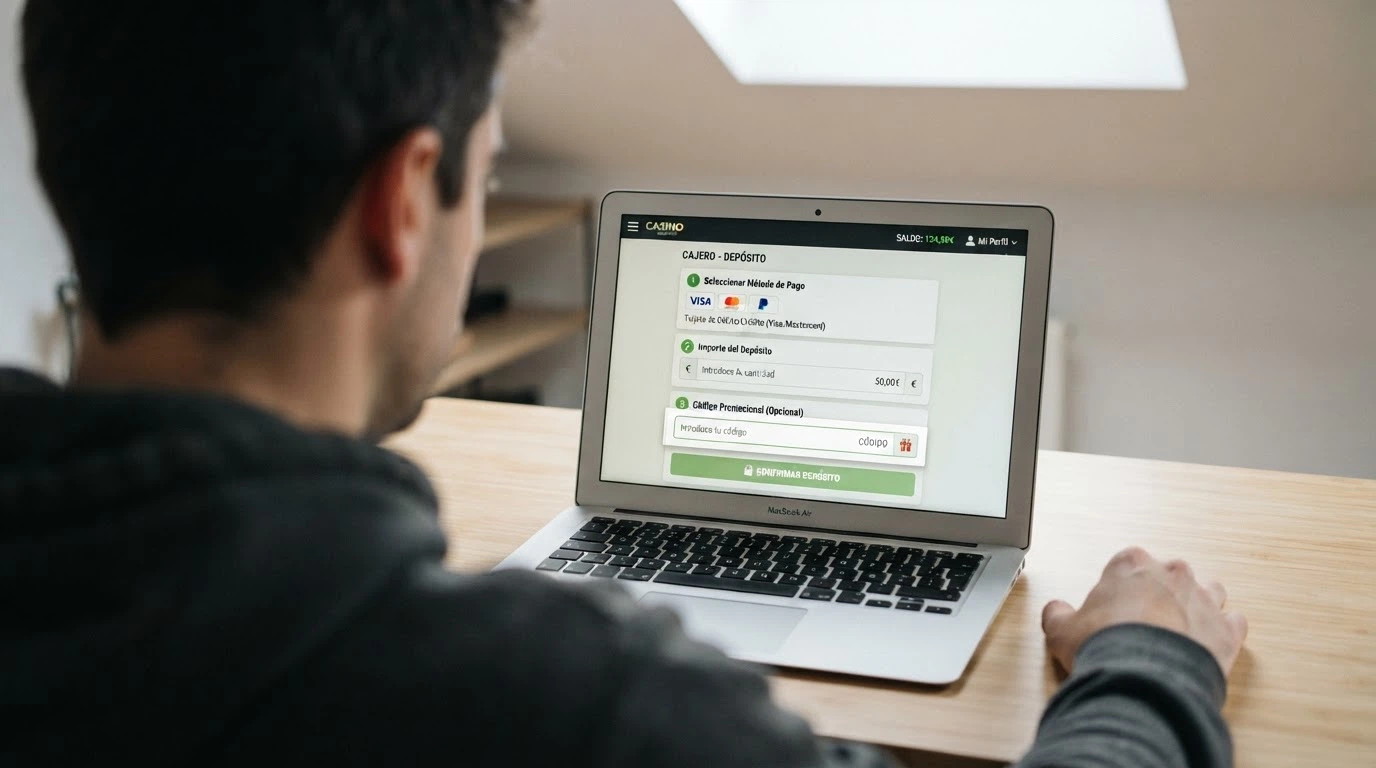 Interfaz de cajero de un casino online español con los pasos de depósito y un campo resaltado para introducir un código promocional