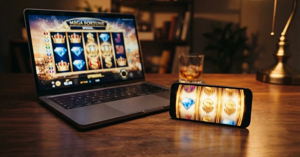 Imagen de bienvenida de un casino online con la promoción de 100 tiradas gratis en la pantalla de un ordenador y un móvil
