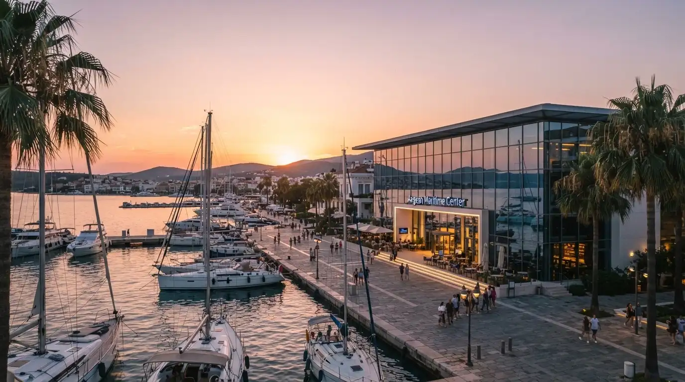 La fachada del Casino Barcelona en el Port Olímpic al atardecer con el mar y los yates de fondo