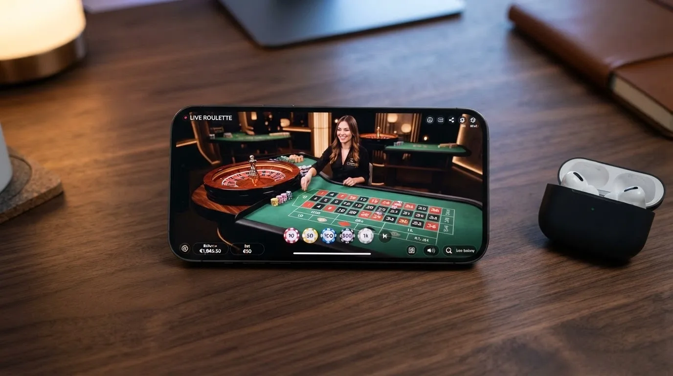 Teléfono en horizontal mostrando una mesa de ruleta en vivo con un crupier real junto a la rueda, el tapete y la interfaz de apuestas superpuesta