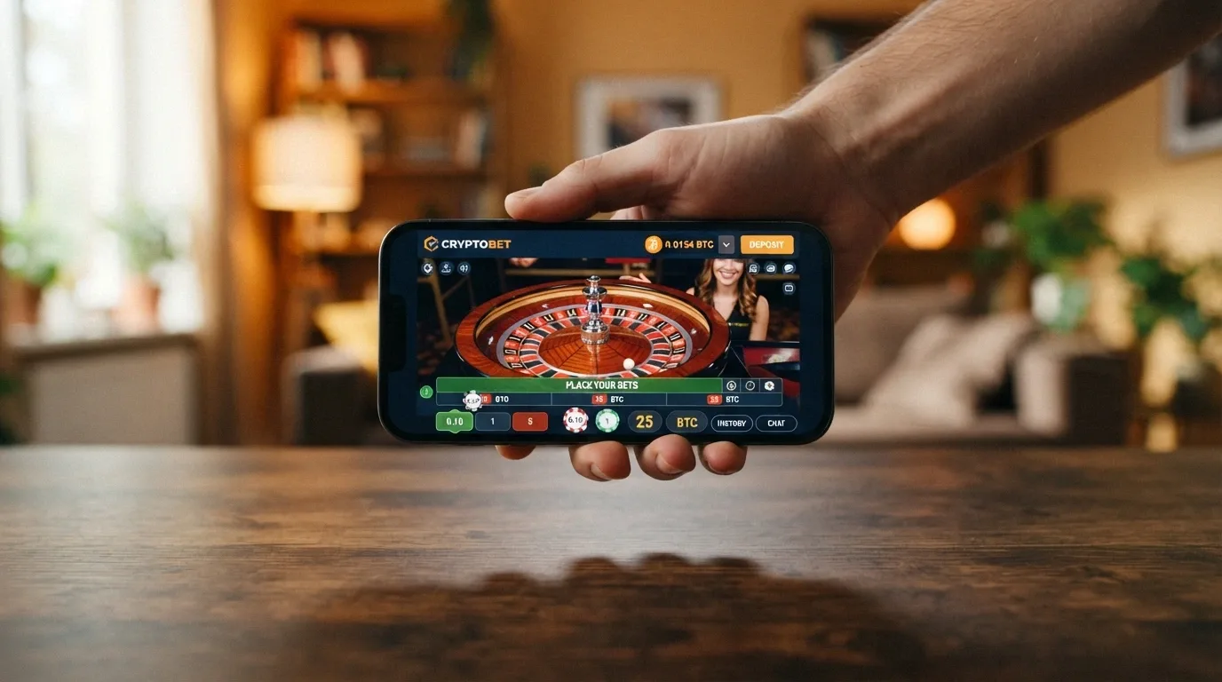 Una mano sostiene un teléfono en posición horizontal mostrando la interfaz de un casino online con el logo de BNB en la barra de depósito y una ruleta en vivo en la pantalla.