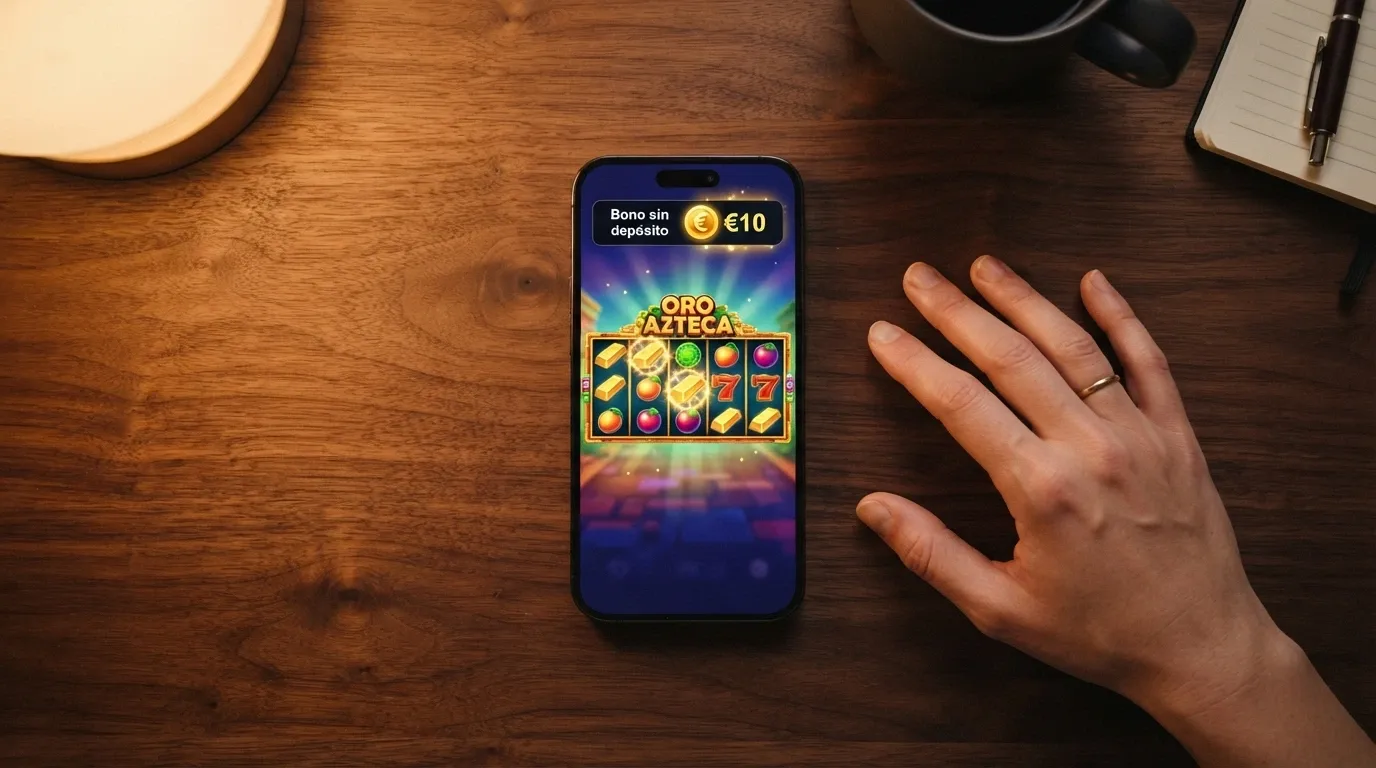 Mano sosteniendo un teléfono móvil con la pantalla de un casino online y una notificación de bono sin depósito