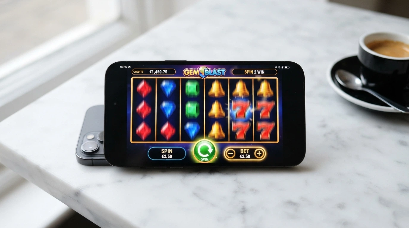 Un teléfono móvil en horizontal mostrando un slot Megaways de Big Time Gaming con la interfaz táctil adaptada y los botones de giro ampliados