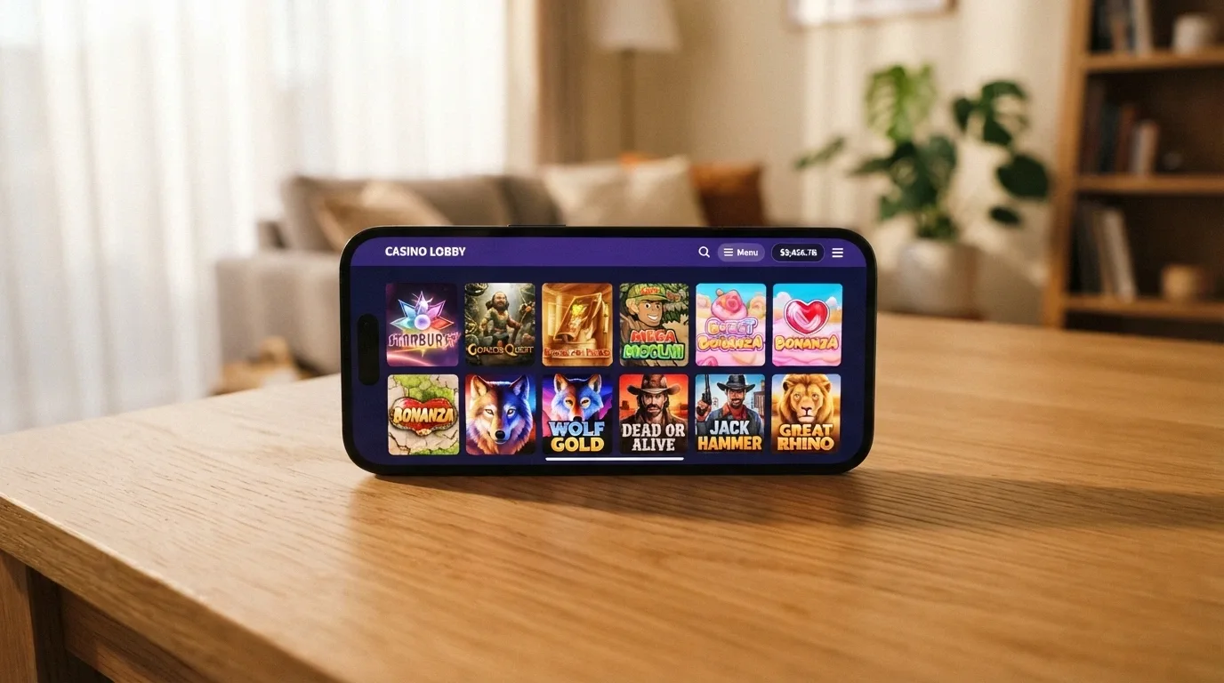 Móvil en horizontal mostrando la interfaz táctil de un casino online español con varios juegos de slots en miniatura