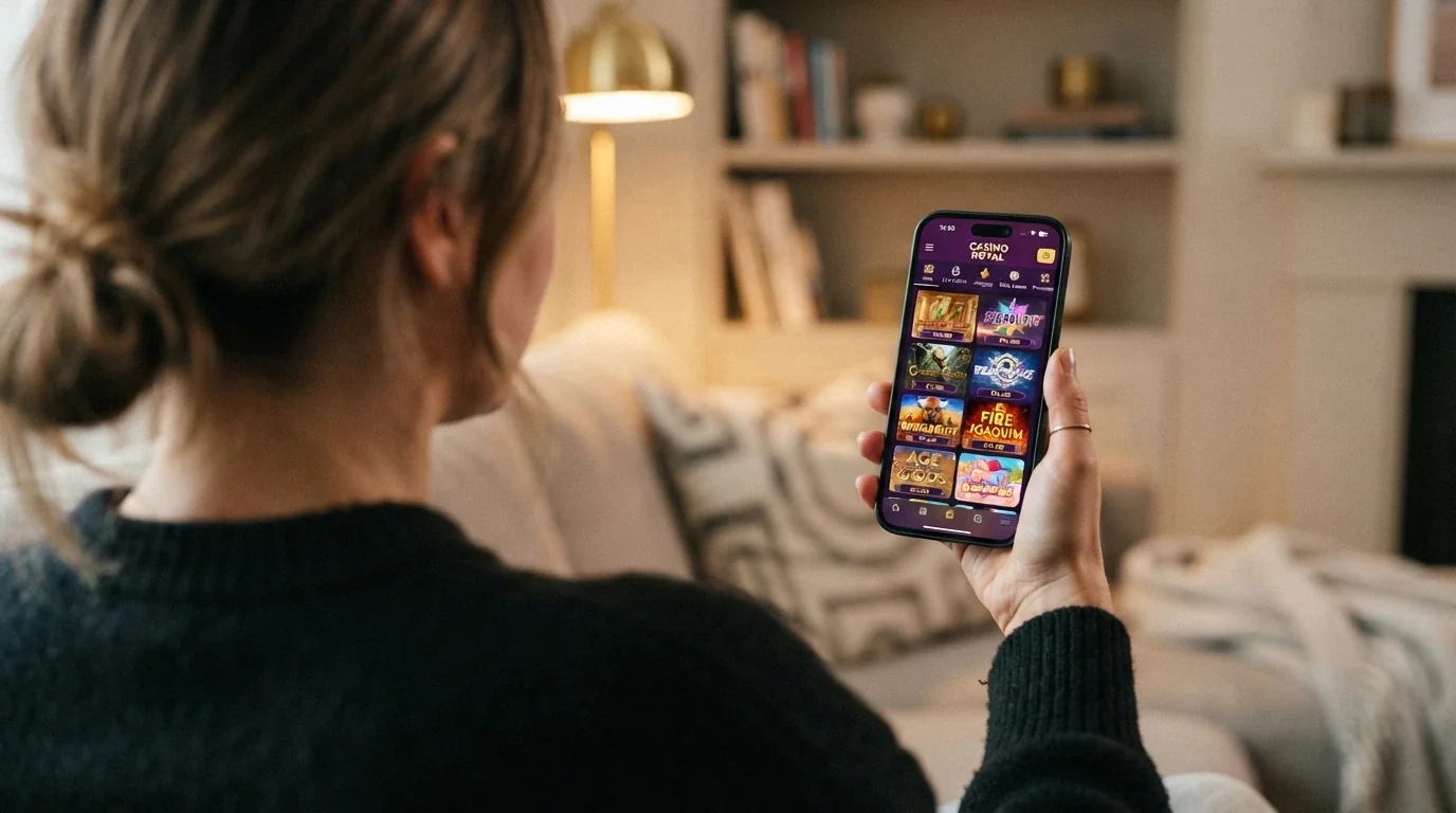 Mano sujetando un teléfono con la interfaz de un casino online adaptada a la pantalla vertical